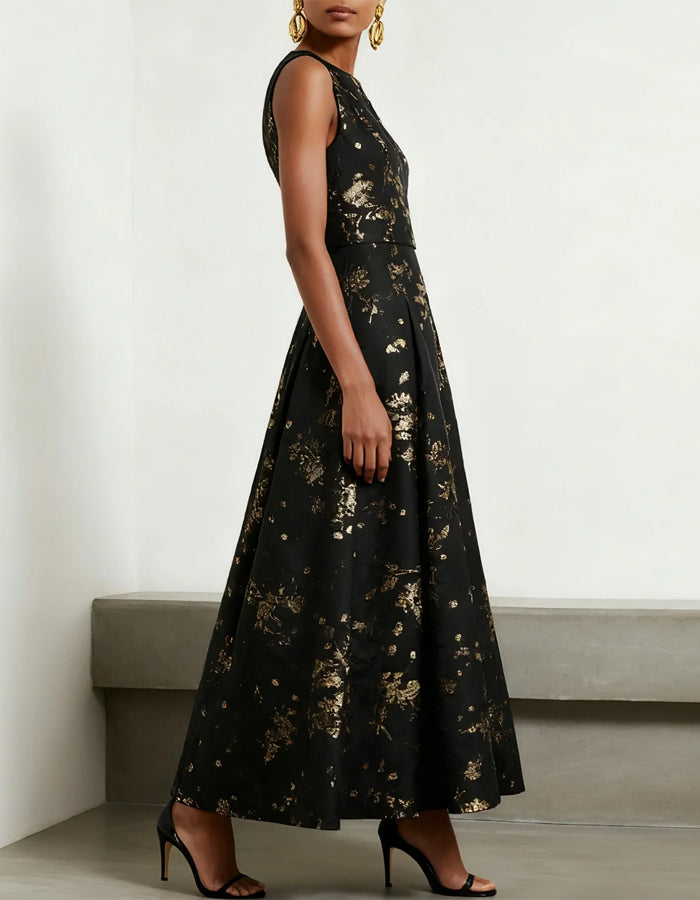 Black Round Neck Sleeveless A-Line Gold Foil Satin Maxi Dress