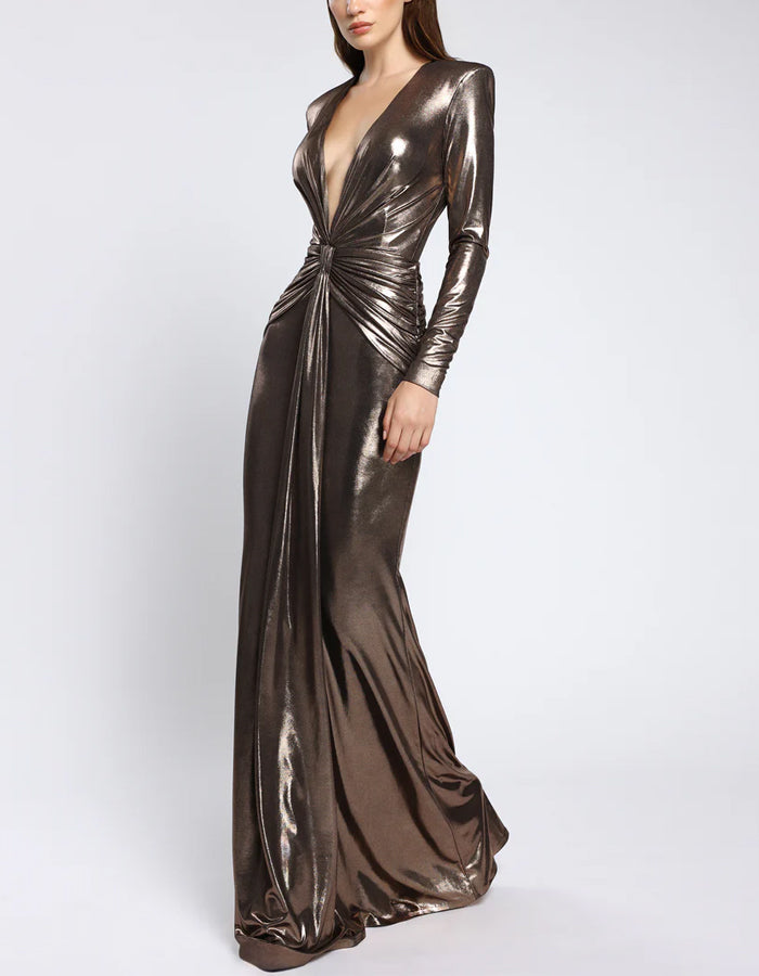 Brown Metallic Long Sleeves Maxi Dress