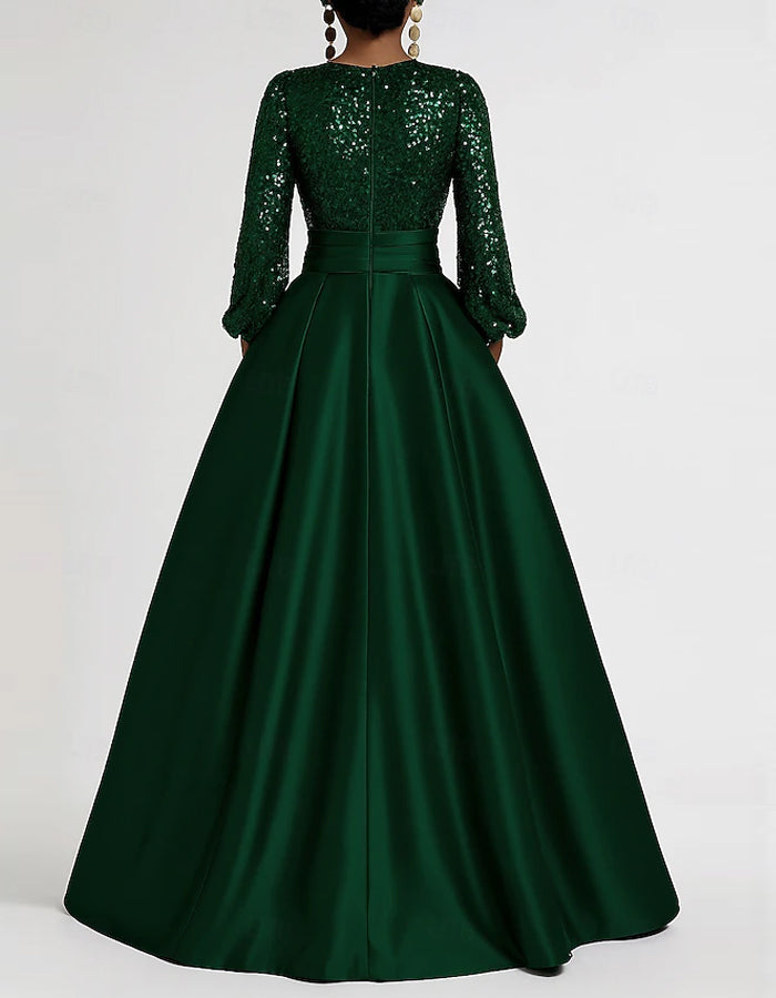 Sequined A-line Long Sleeved V-neck Maxi Dress