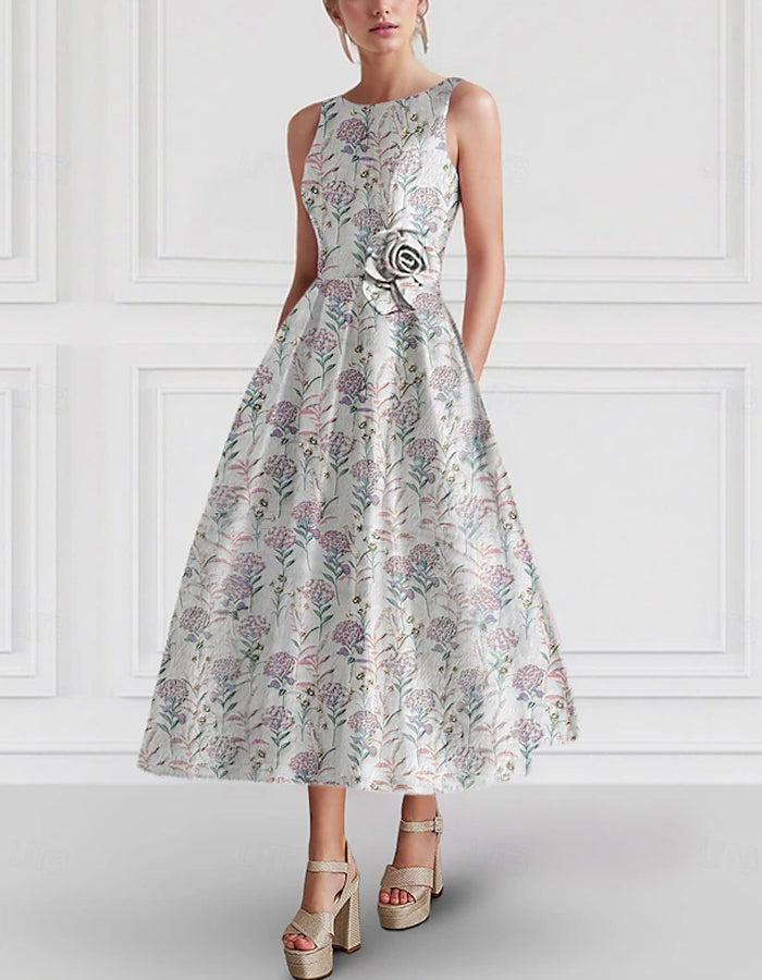 Vestido sin mangas de cuello redondo con corte en A y estampado floral jacquard
