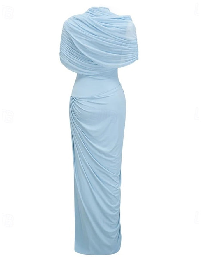 Vestido Largo Azul Claro Elegante Formal de Cuello Alto con Volantes y Chal