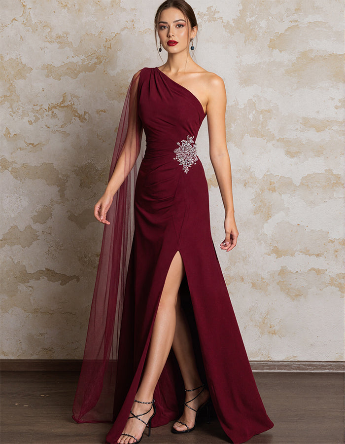 Burgundy One-shoulder Slit Maxi Dress