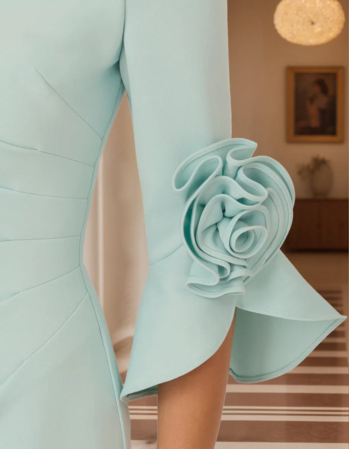 Mint Green Mermaid Off-the-shoulder Trumpet Sleeve 3D Flowers Midi Dress