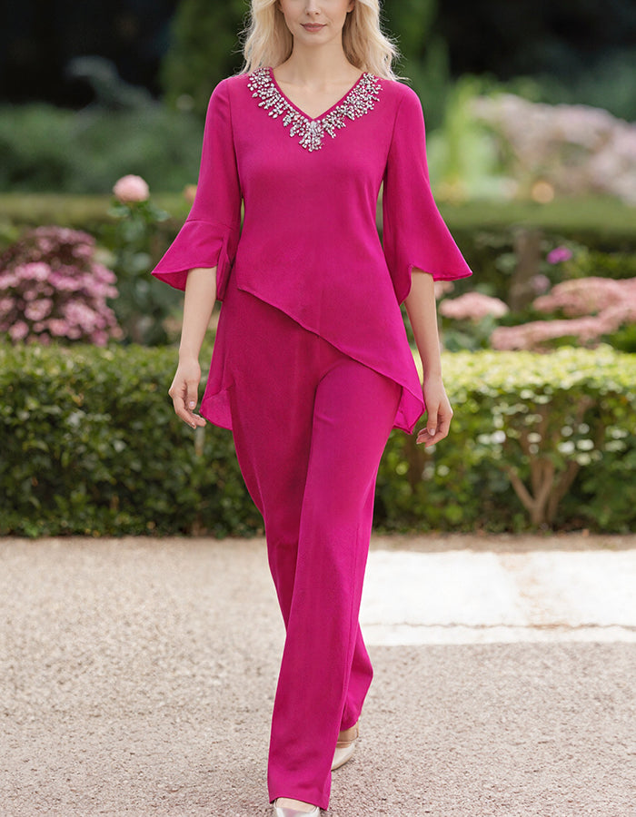 Rose Red V-Neck Rhinestone Chiffon Pants 2-Piece Suit