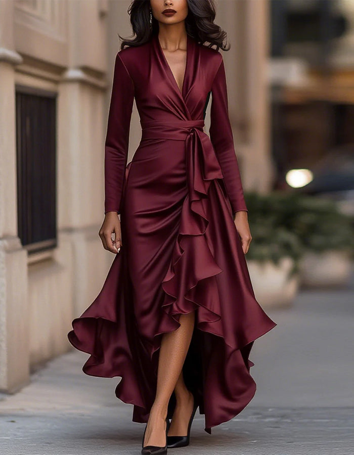 Solid Color Pleated V-neck Satin Long Sleeves Maxi Dress