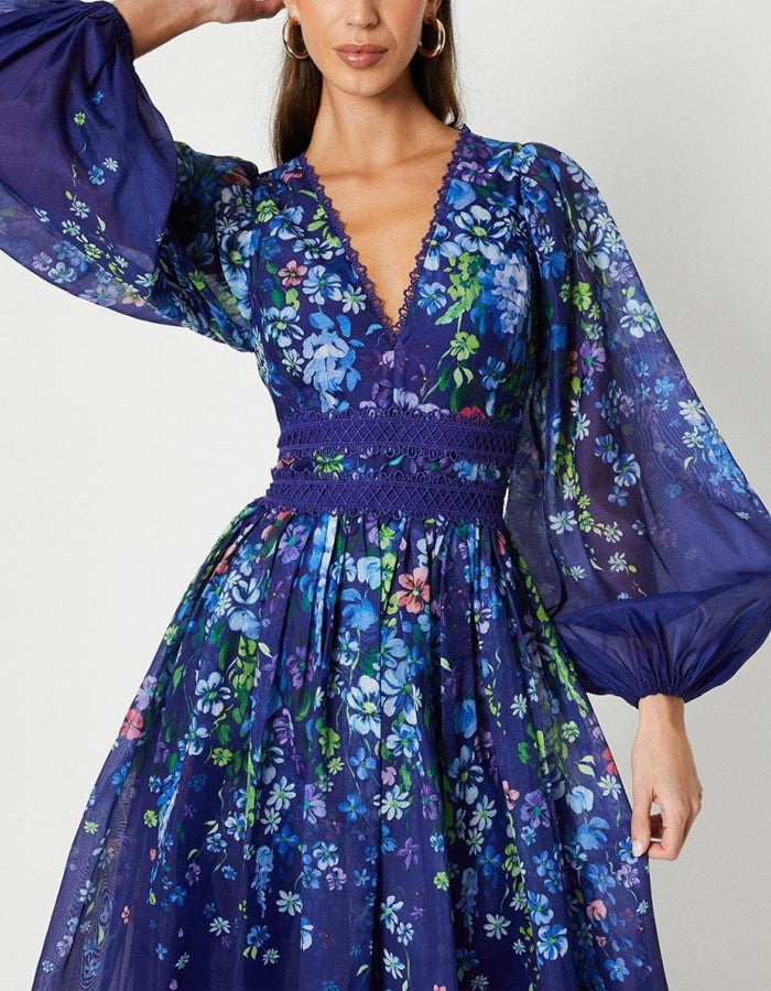 Blue V-neck Chiffon Flower Print Long Sleeves Midi Dress