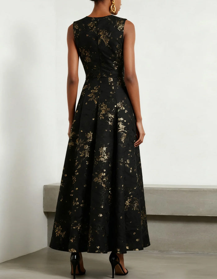 Black Round Neck Sleeveless A-Line Gold Foil Satin Maxi Dress