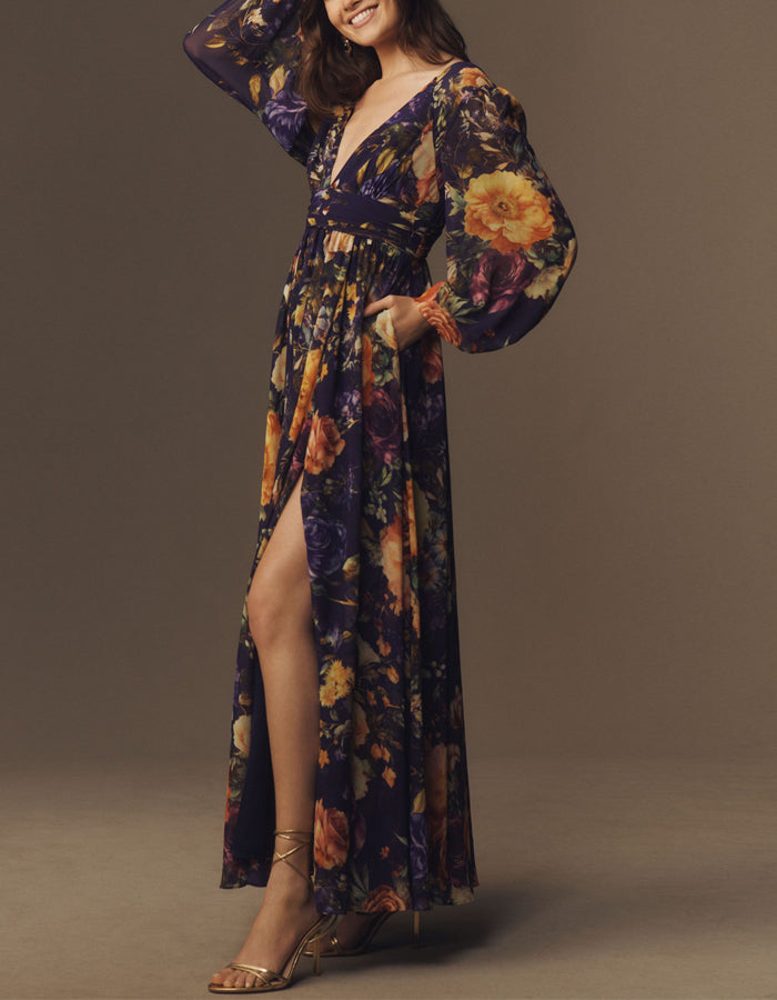 Purple Long Sleeved V Neck Floral Maxi Dress