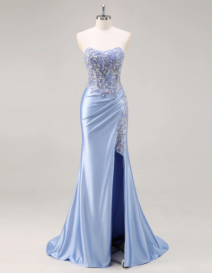 Solid Color Bandeau Mermaid Beaded Corset Slit Ballgown Maxi Dress