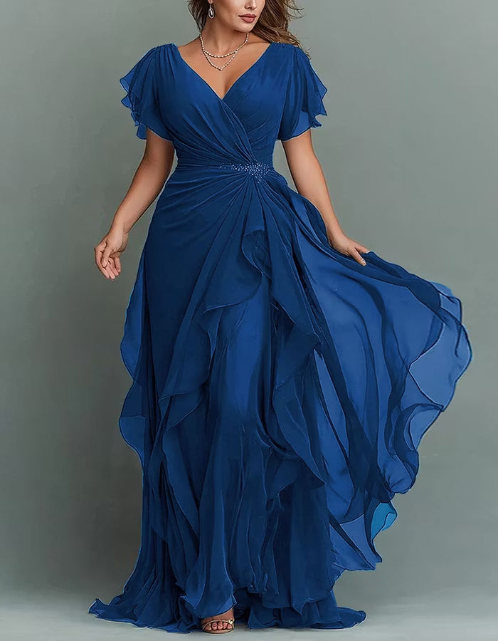 Dark Blue V-neck Chiffon Maxi Dress