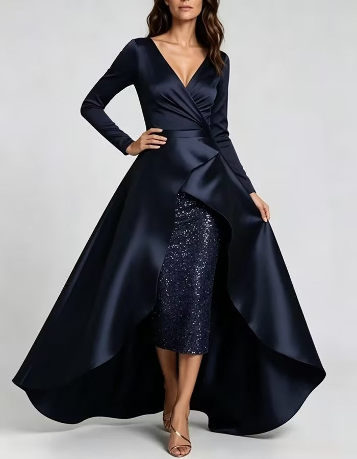 Deep Navy Blue V-neck Long-sleeved High-low Hem Wrap Maxi Dress