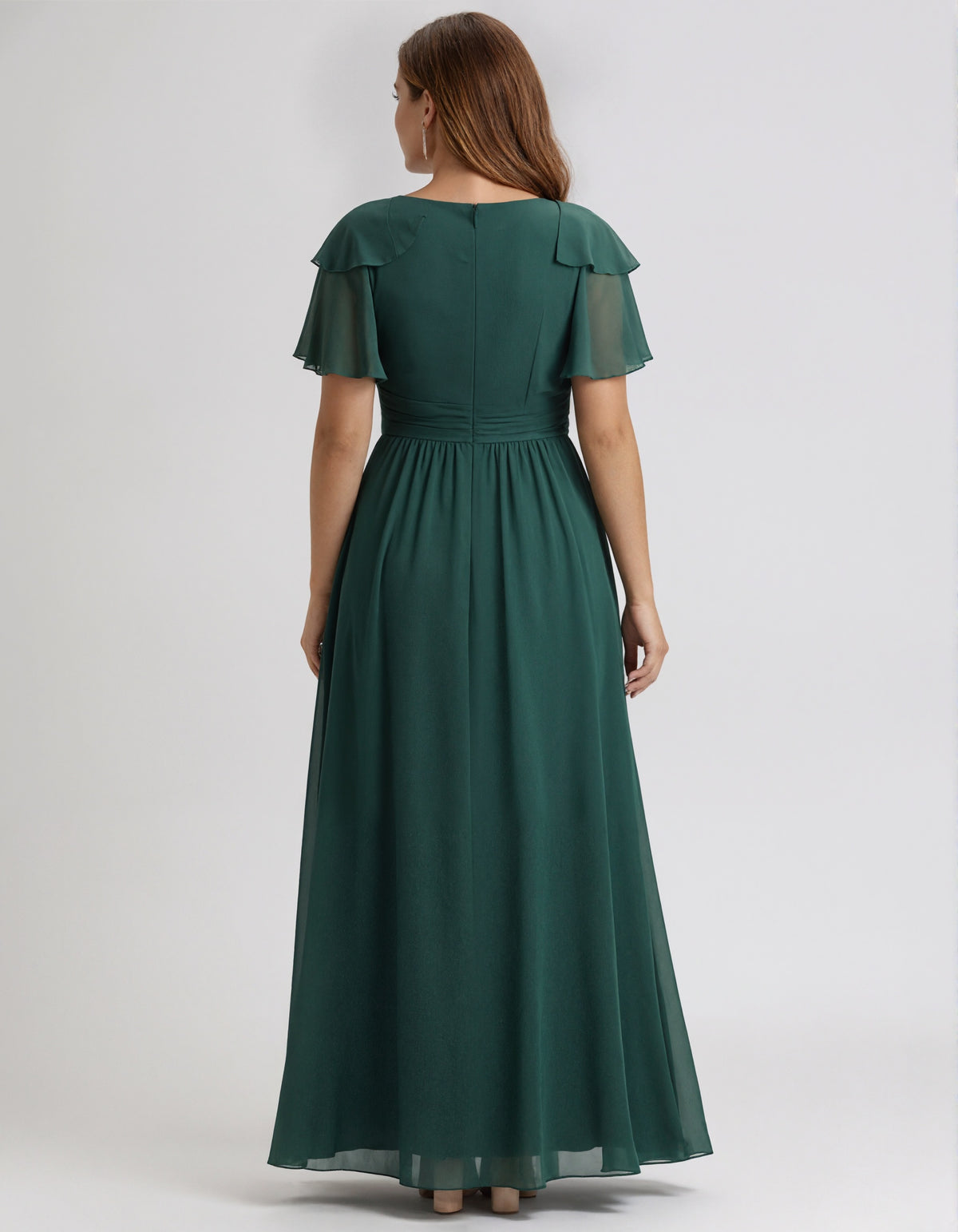 Dark Green Chiffon V-Neck Flutter Sleeves And Fitted Waist Maxi Dress