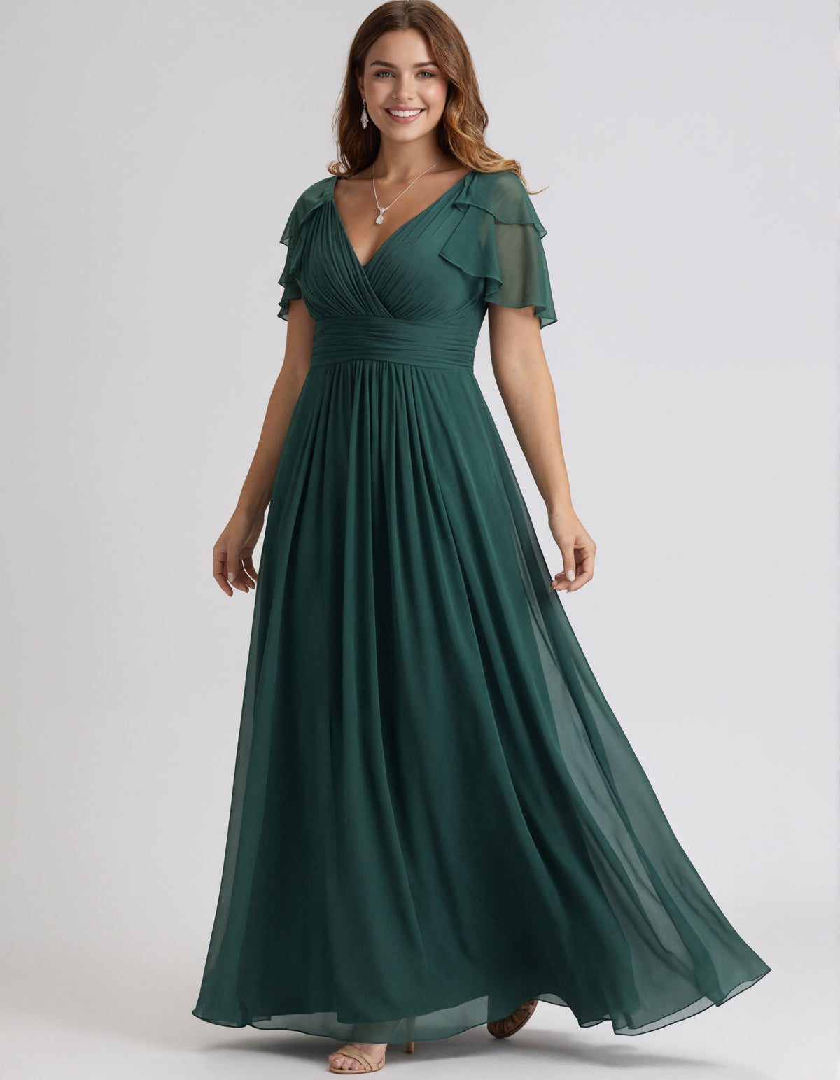 Dark Green Chiffon V-Neck Flutter Sleeves And Fitted Waist Maxi Dress