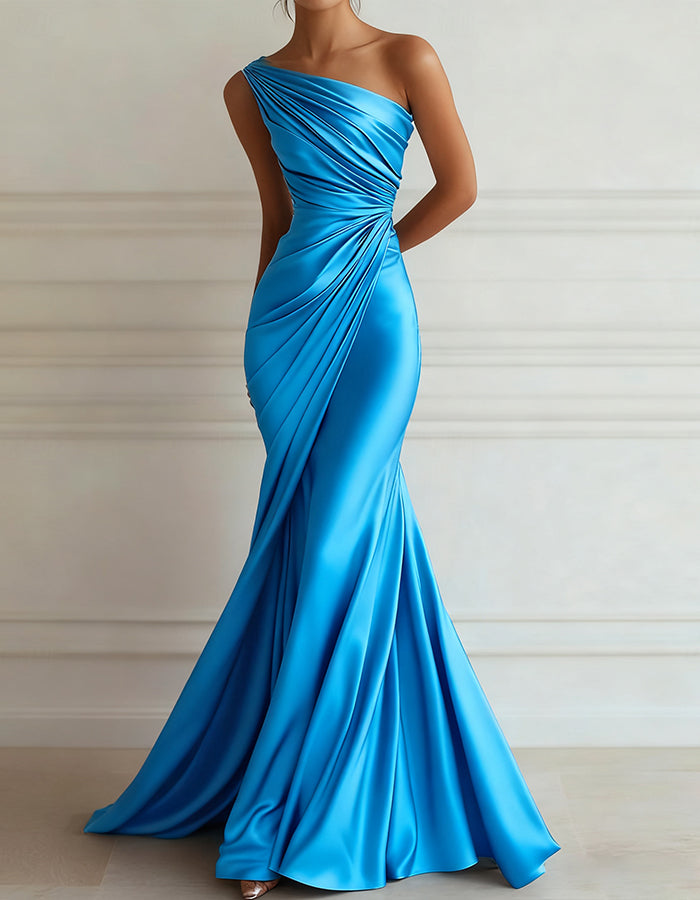 Vestido maxi de satén elástico plisado con un hombro