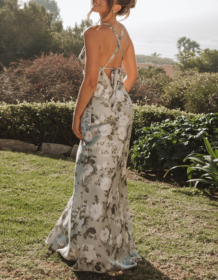 Light Green Floral Pattern V-neck Bridesmaid Dress