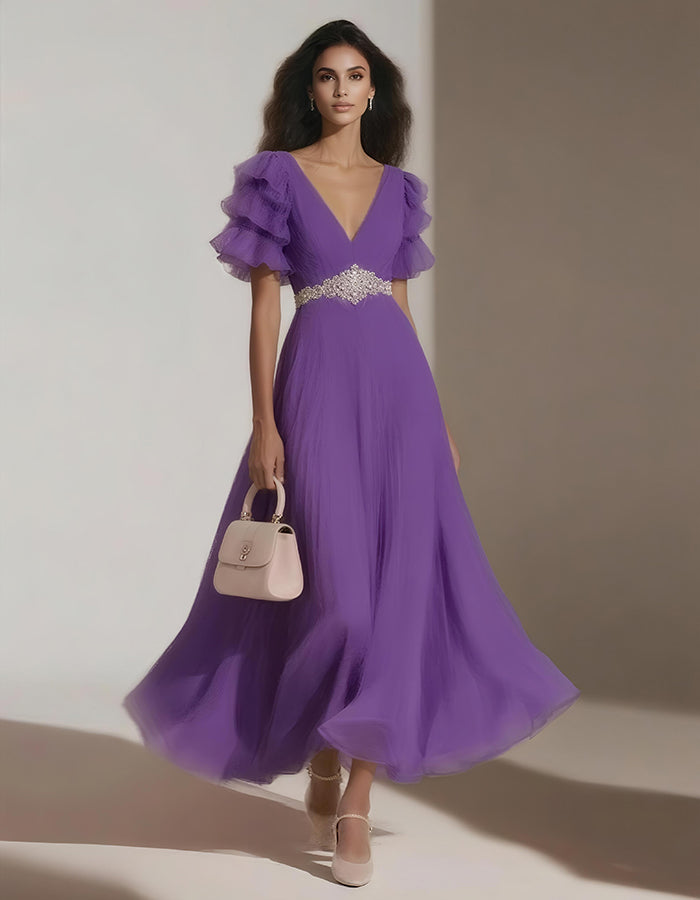 Chiffon Solid Color Lotus Leaf Sleeves Midi Dress