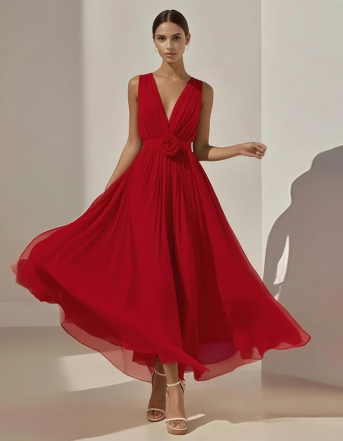 Vestido Midi Romántico de Gasa Plisada con Cintura Floral