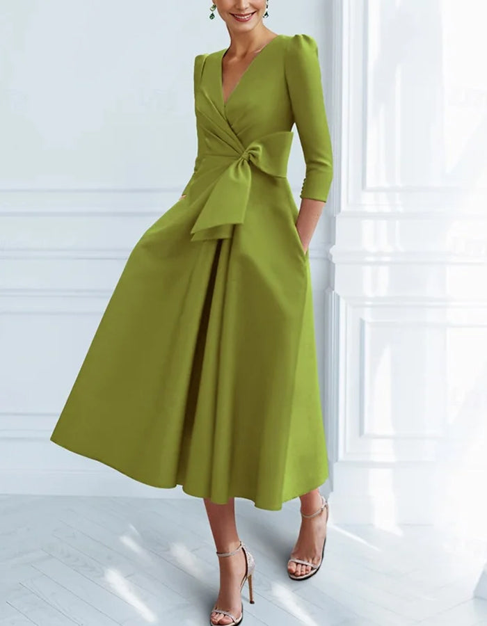 Solid Color V-Neck Satin Bow Midi Dress