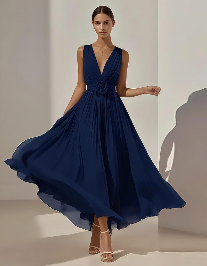 Vestido Midi Romántico de Gasa Plisada con Cintura Floral