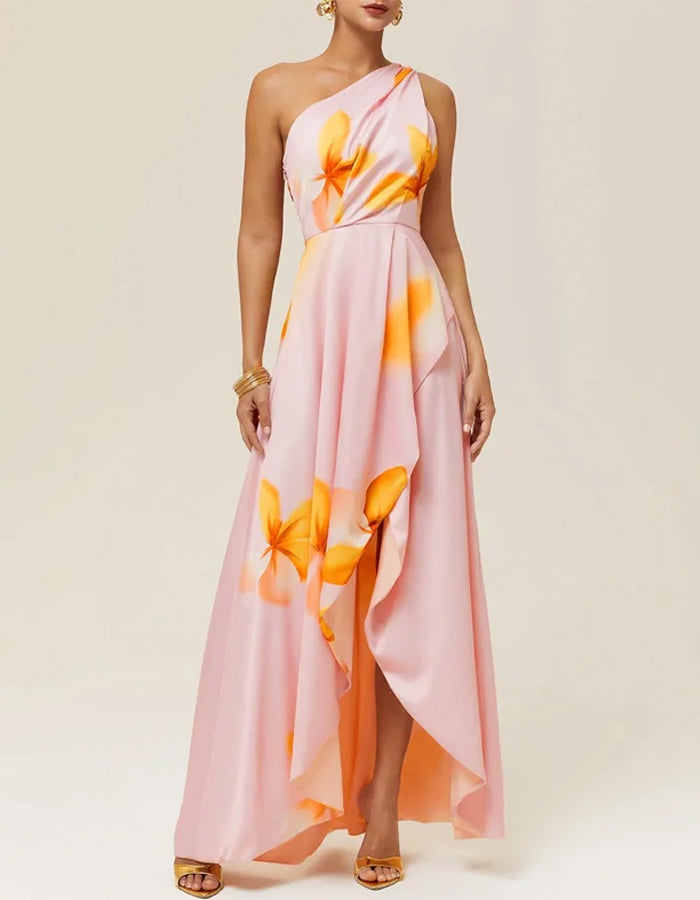 Elegant Satin One-Shoulder Gown with Floral Print and High Slit