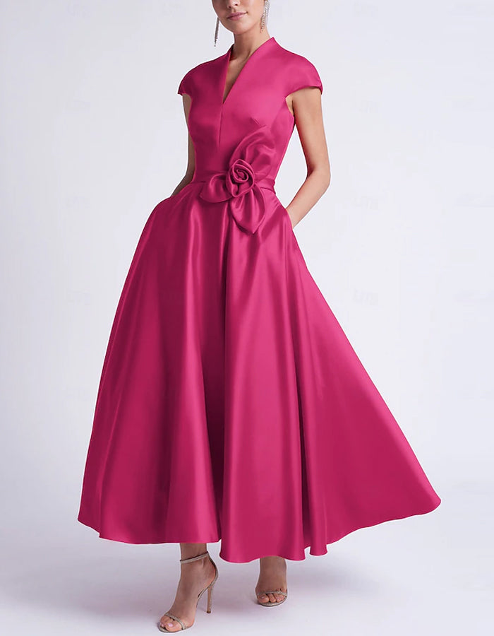 A-line Sleeveless V-neck Pocket Satin Midi Dress