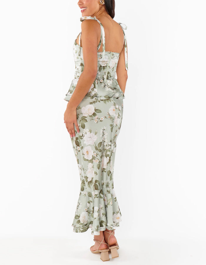Light Green Floral Pattern Square Collar Bridesmaid Dress
