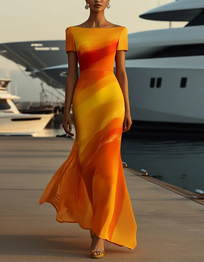 Sunset Ombre Maxi Dress – Bold Orange and Yellow with Fitted Silhouette