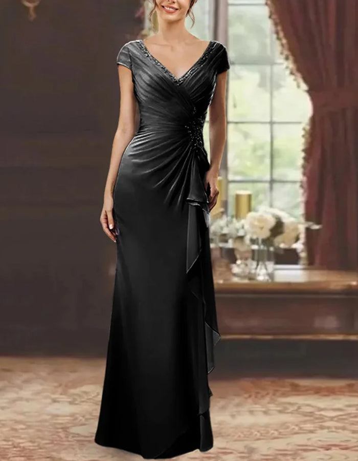 V-neck Solid Color Ruffles Maxi Dress