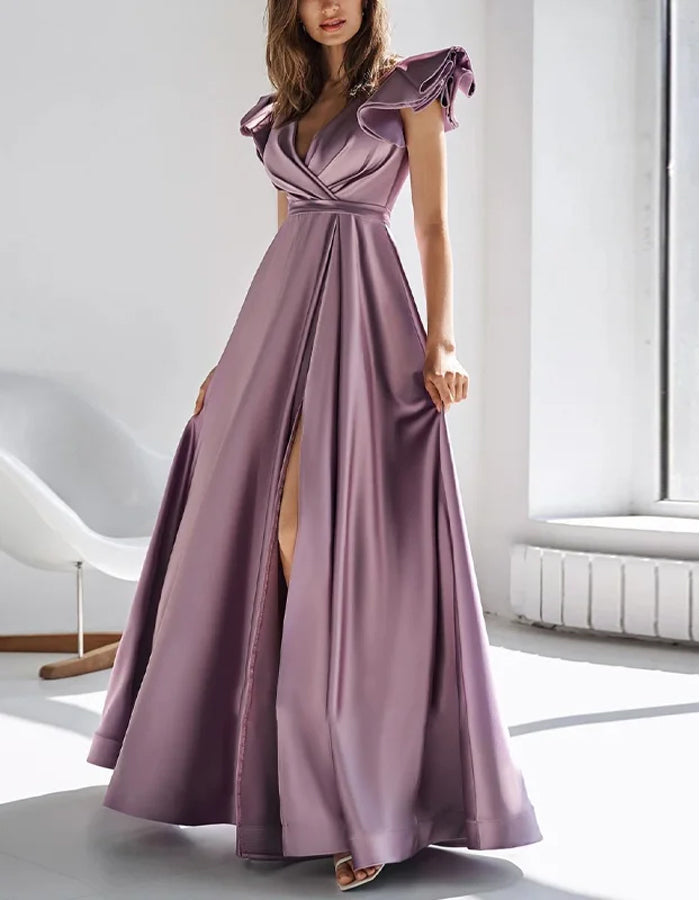 Elegant Mauve Satin Gown with Flutter Sleeves and Front Slit