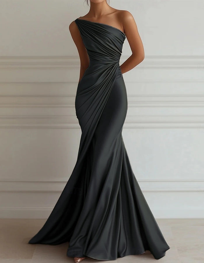 One-shoulder Stretch Satin Pleats Maxi Dress One-shoulder Stretch Satin Pleats Maxi Dress