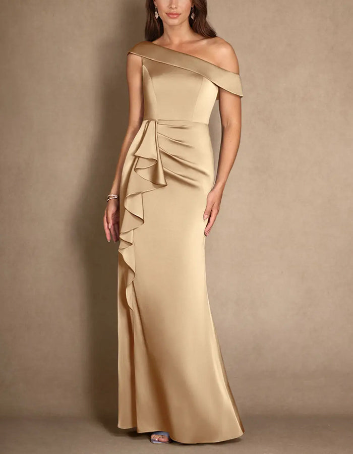 Champagne Pleated A-Line Stretch Satin Maxi Dress