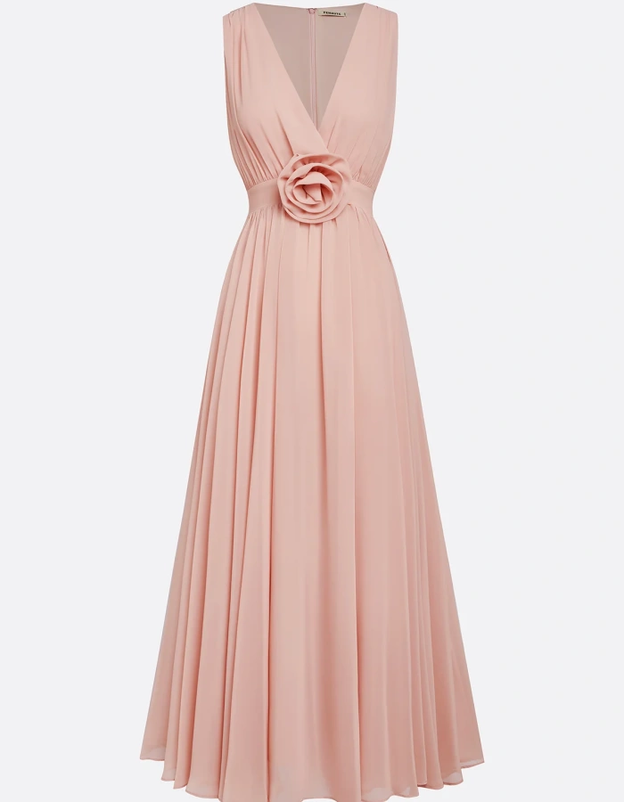 Romantic Pleated Chiffon Midi Dress with Floral Waist