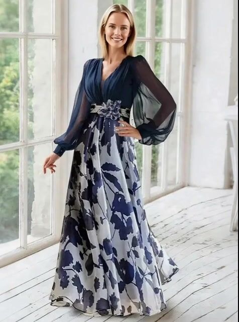 Elegant Navy Chiffon Gown with Floral Print Skirt and Sheer Bishop Sleeves