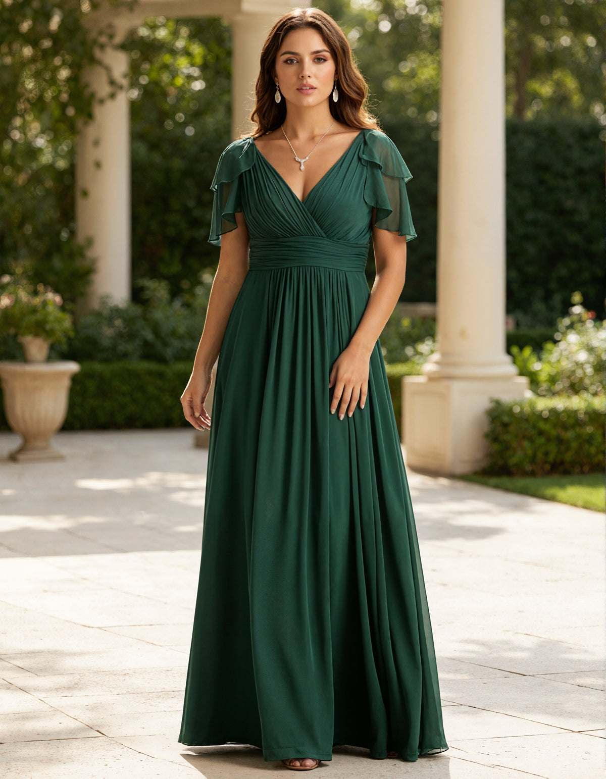 Dark Green Chiffon V-Neck Flutter Sleeves And Fitted Waist Maxi Dress