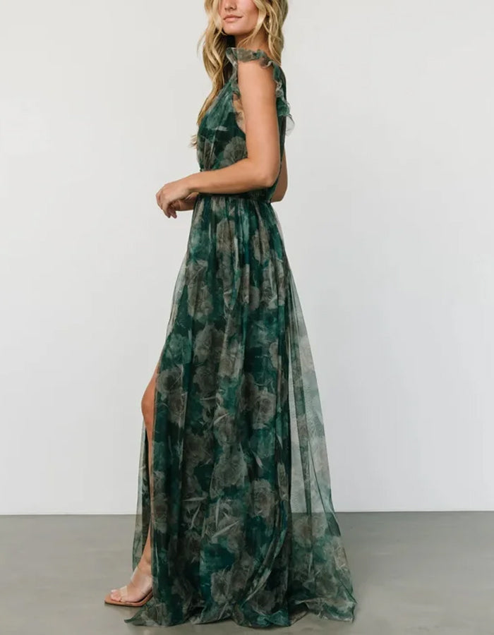 Romantic Green Tulle Gown with Ruffled Sleeves and Plunging Neckline