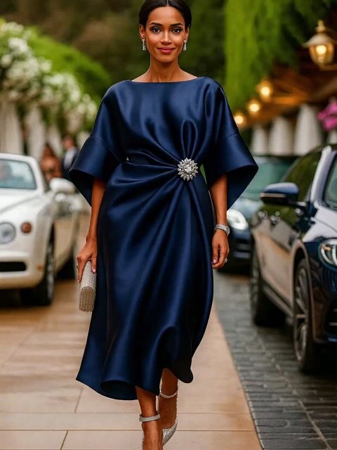 Short Sleeves Solid Satin Midi Dress