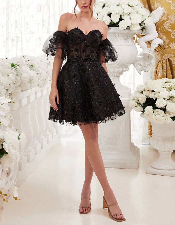 Solid Color 3D Floral Short Puff Sleeve Mini Dress