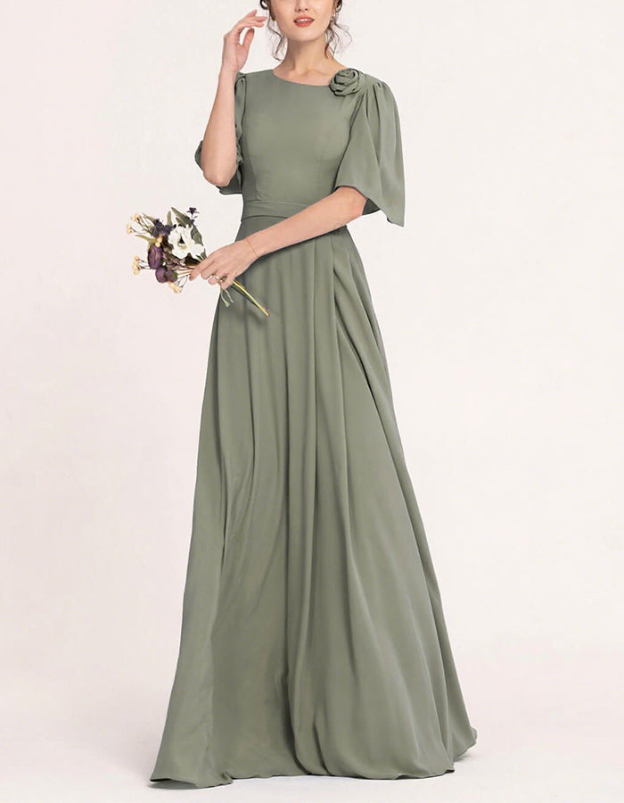 Green 3d Flower Chiffon Sleeves Maxi Dress