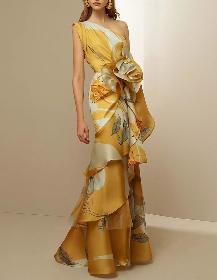 One Shoulder Satin Glitter Floral Print Ruffles Maxi Dress