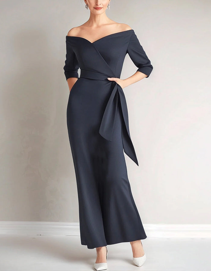 Vestido Midi Sirena Azul Marino sin Hombros para Madre de la Novia