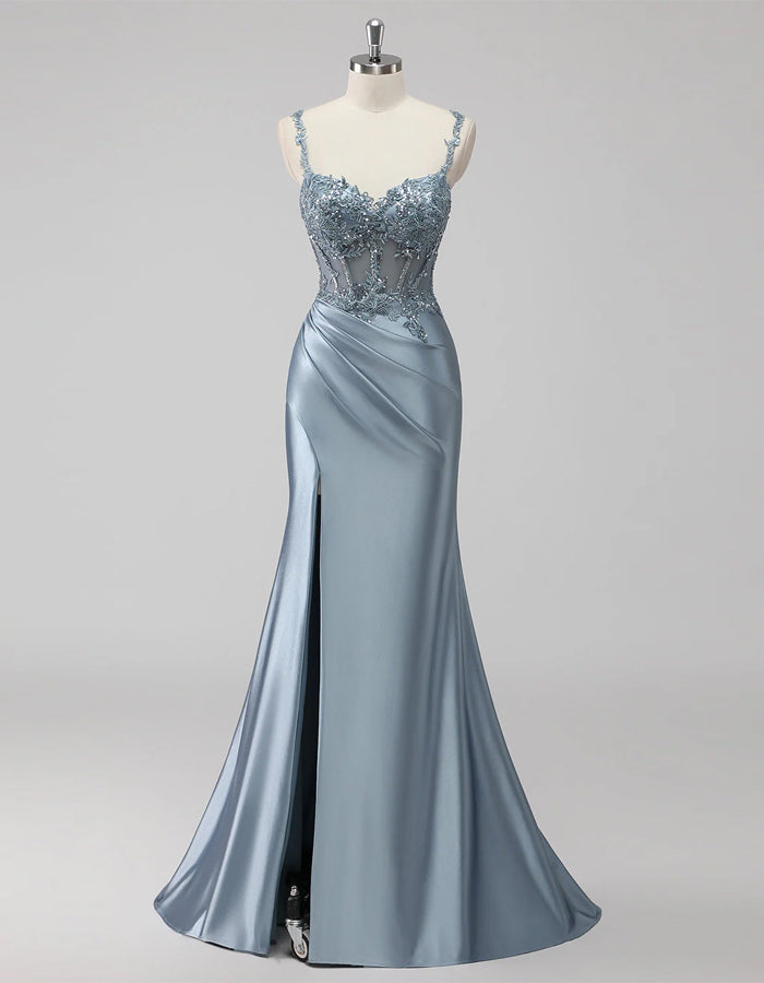 Solid Color Corset Satin Mermaid Slit Ballgown Maxi Dress