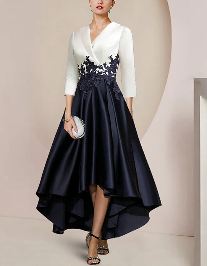 V-neck Satin Lace Paneling Midi Dress