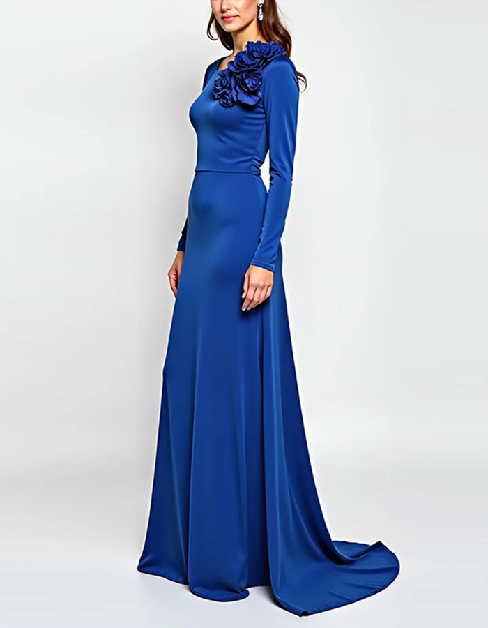 Blue Long Sleeves 3D Flowers Maxi Dress