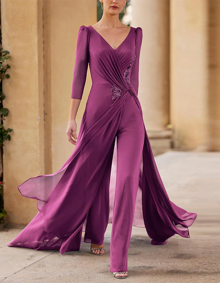 Solid V-neck Chiffon 3/4 Length Sleeve Pleated Layered Ruffle Jumpsuit