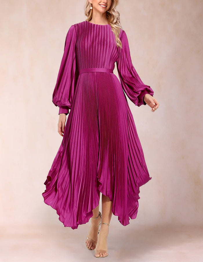 Rose Red A-line Round Neck Pleats Midi Dress