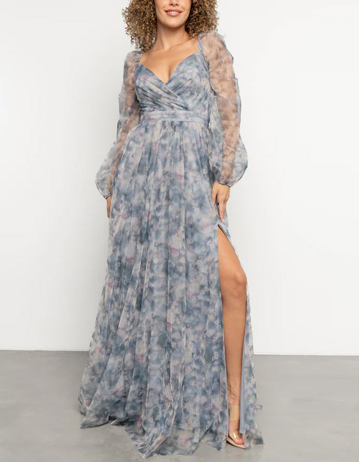Blue Gray Chiffon Print Maxi Dress
