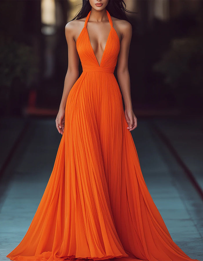 Orange V-neck Halter Neck Pleats Maxi Dress