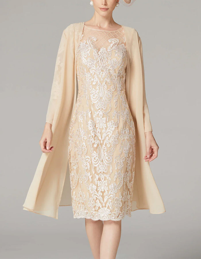 Apricot Chiffon Lace 3/4 Long Sleeve Applique Dress Mother of the Bride 2-Piece Suit