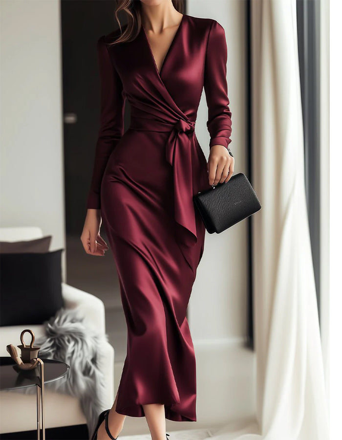 Burgundy Satin Lace Up Straps Midi Dress