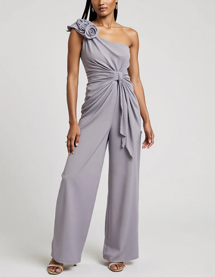 Dusty Purple One-Shoulder Ruffled 3D Floral Jumpsuit